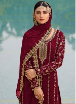 Mesmeric Maroon Embroidered Faux Georgette Designer Pakistani Salwar Suit