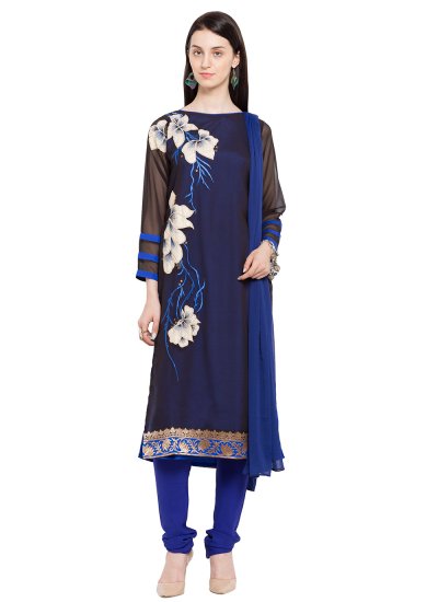 Mesmeric Printed Black and Blue Faux Georgette Readymade Anarkali Salwar Suit