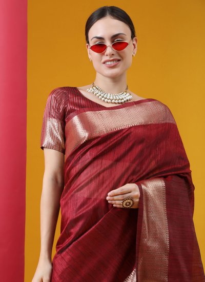 Mesmeric Tussar Silk Woven Maroon Trendy Saree