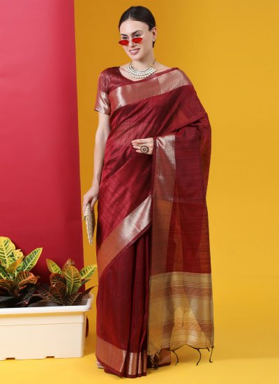 Mesmeric Tussar Silk Woven Maroon Trendy Saree