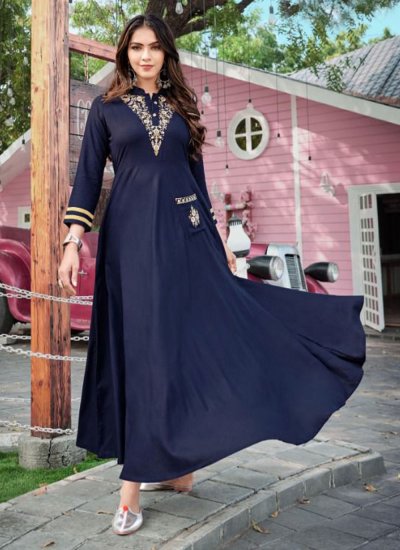 Miraculous Embroidered Rayon Navy Blue Readymade Gown