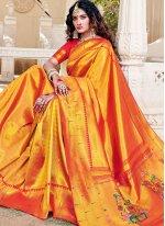 Miraculous Red and Yellow Engagement Traditional Designer Saree