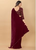 Miraculous Wine Embroidered Velvet Trendy Saree