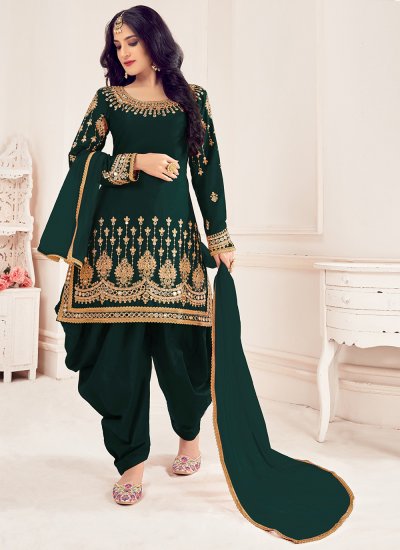 Mirror Silk Designer Patiala Suit in Green