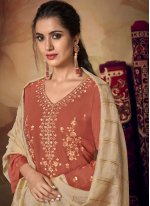 Modern Embroidered Muslin Rust Designer Palazzo Suit