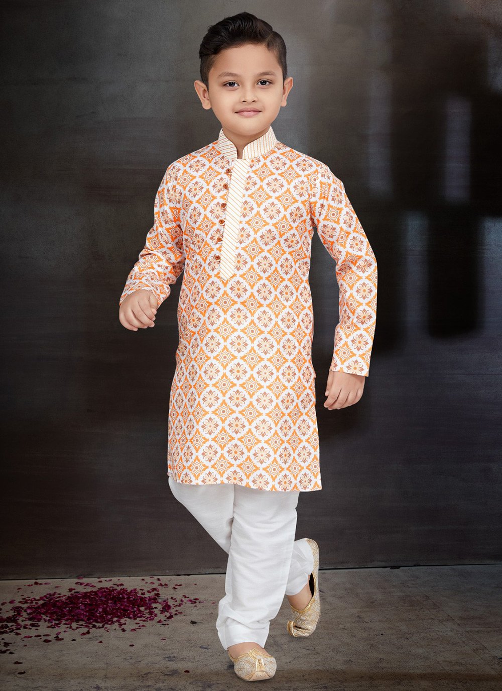 Modern Printed Cotton Orange Kurta Pyjama