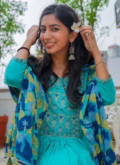 Modern Turquoise Cotton Anarkali Salwar Kameez
