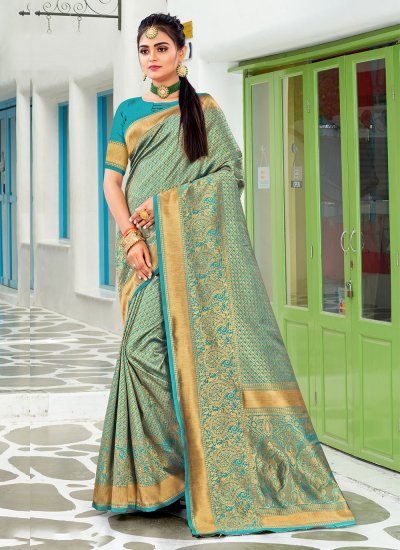 Firozi Khaddi Chiffon Banarasi Handloom Saree - Aura Benaras