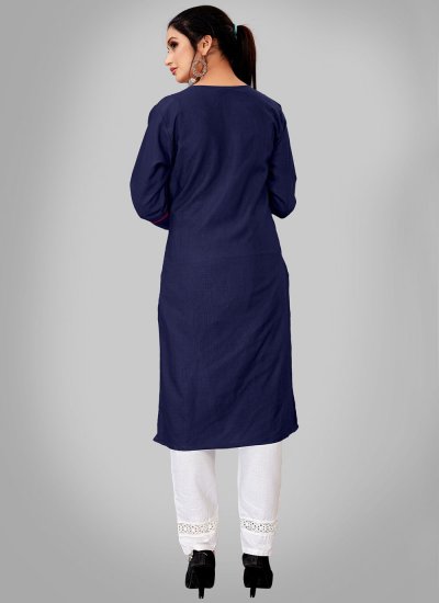 
                            Modernistic Blended Cotton Navy Blue Embroidered Party Wear Kurti