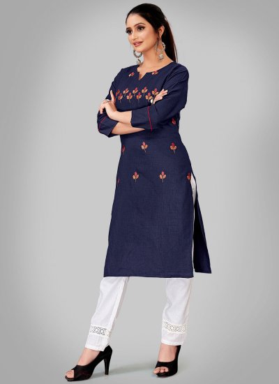 Modernistic Blended Cotton Navy Blue Embroidered Party Wear Kurti