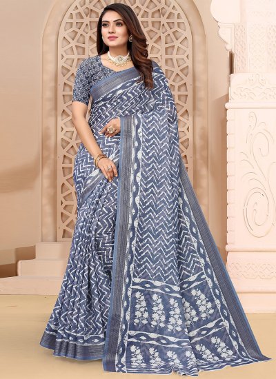 Modernistic Blue Linen Printed Saree