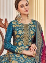 Modernistic Teal Weaving Jacquard Readymade Anarkali Salwar Suit