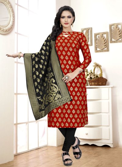 Modernistic Weaving Fancy Fabric Red Churidar Suit