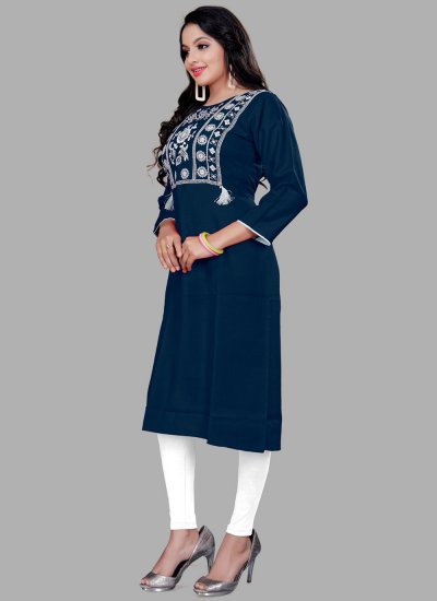Modest Blue Embroidered Blended Cotton Party Wear Kurti