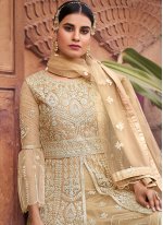 Modest Embroidered Beige Net Designer Pakistani Salwar Suit