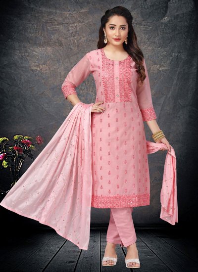 Modest Embroidered Pink Chanderi Readymade Salwar Kameez