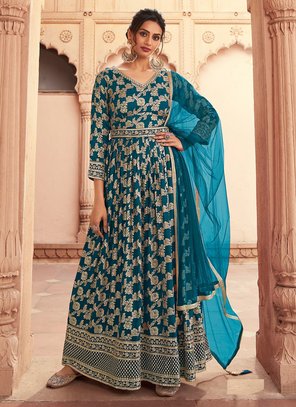 Modest Jacquard Work pure-dola Designer Ankle Length Anarkali Suit