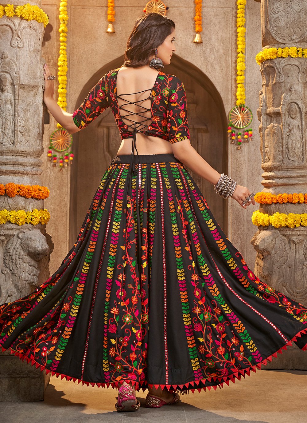 Black or Red Digital Printed Banglori Silk Lehenga Choli - WHITE FIRE -  3823487