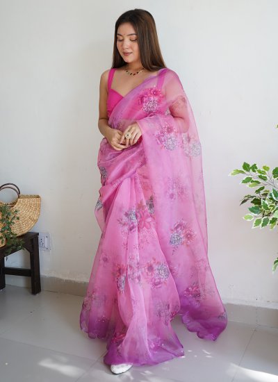 Modish Digital Print Pink Trendy Saree