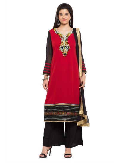 Modish Faux Georgette Embroidered Red Readymade Salwar Kameez