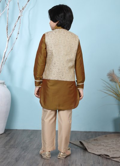 Modish Jacquard Work Cotton Silk Brown Kurta Payjama With Jacket