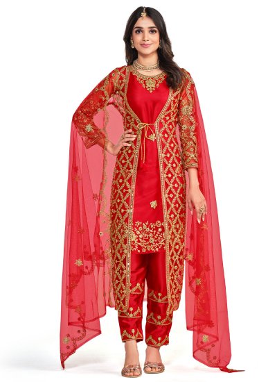 Modish Net Embroidered Red Jacket Style Salwar Kameez
