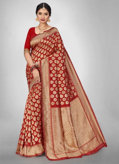 Modish Red Jacquard Silk Silk Saree