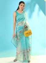 Monumental Embroidered Firozi Contemporary Saree
