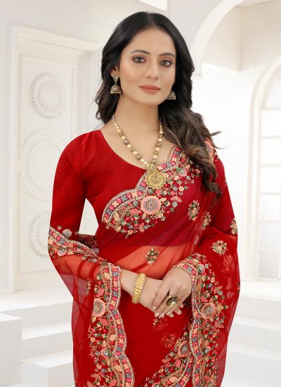 Monumental Red Embroidered Contemporary Style Saree