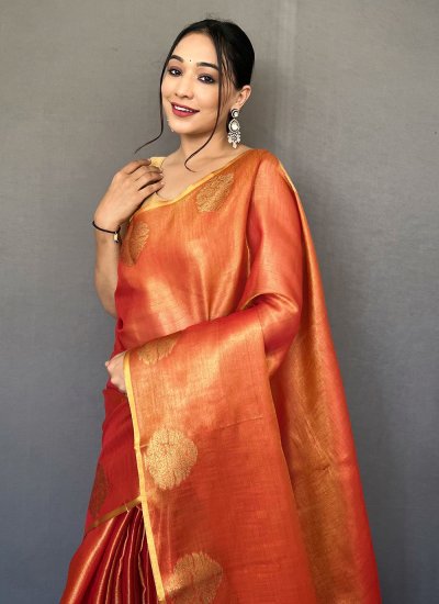 Monumental Silk Orange Weaving Trendy Saree