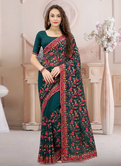 Buy Green Silk Plain Designer Saree Online : Fastest Delivery - Saree