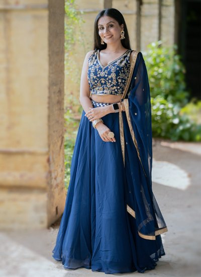 Navy Blue Wedding Wear Floral Sequins Embroidered With Diamond Velvet  Lehenga Choli