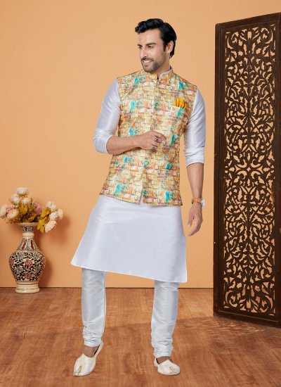 Multi Colour and Off White Banarasi Silk Embroidered Kurta Payjama With Jacket