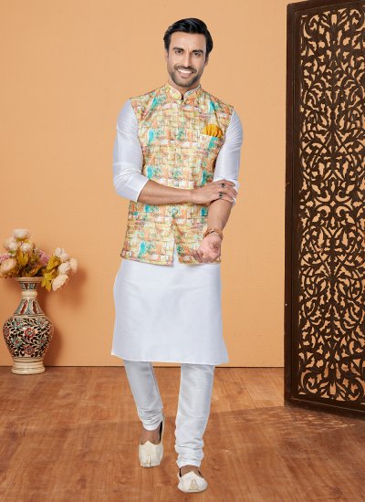 Multi Colour and Off White Banarasi Silk Embroidered Kurta Payjama With Jacket