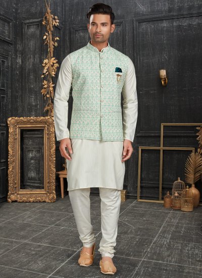 Multi Colour and Off White Cotton Digital Print Kurta Payjama With Jacket