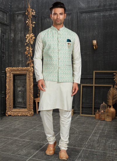 Multi Colour and Off White Cotton Digital Print Kurta Payjama With Jacket