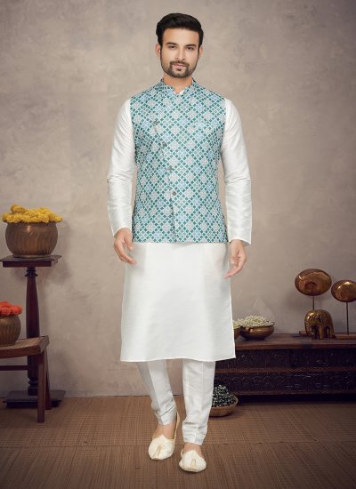 Multi Colour and Off White Digital Print Art Silk Kurta Payjama With Jacket