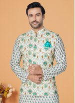 Multi Colour and Off White Embroidered Polyester Kurta Payjama With Jacket