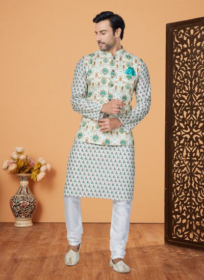 Multi Colour and Off White Embroidered Polyester Kurta Payjama With Jacket