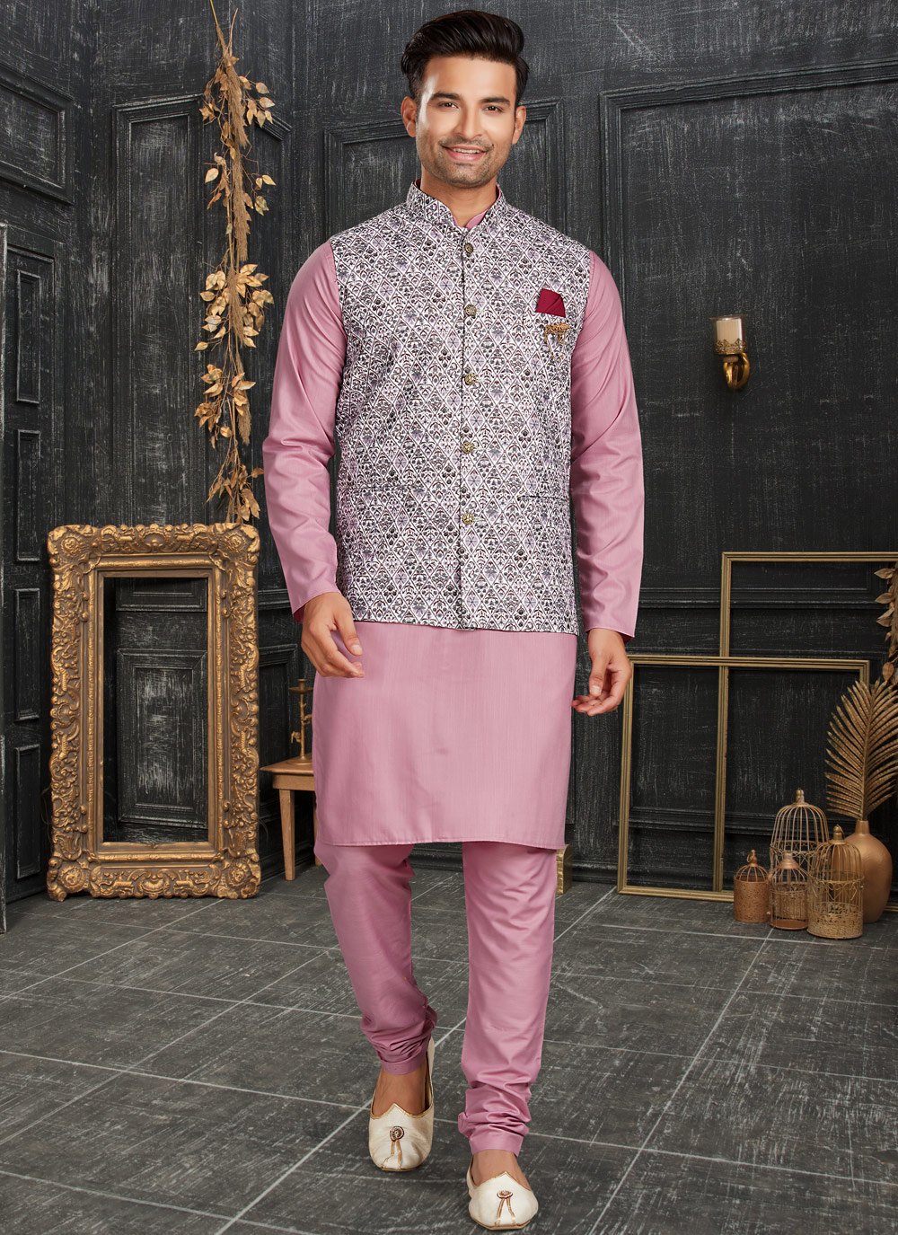 Pink Kurta For Men With Jacket Men Pink Embroidered Mirror Work Kurta  Jacket Trouser Set – Kisah
