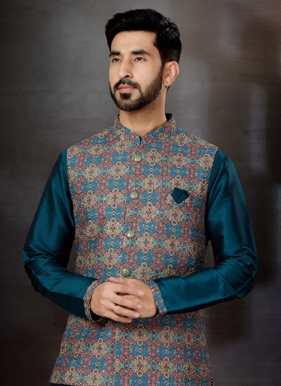 Multi Colour and Teal Dupion Silk Embroidered Kurta Payjama With Jacket