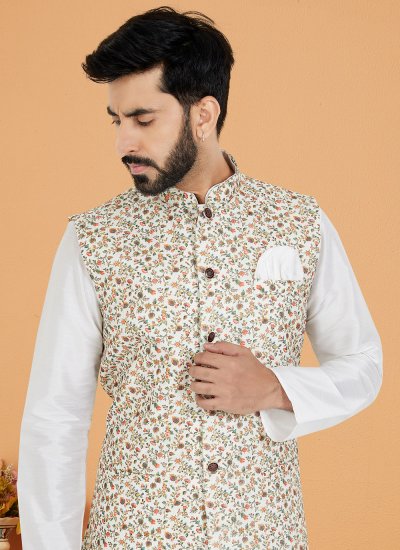 Multi Colour and White Banarasi Silk Embroidered Kurta Payjama With Jacket