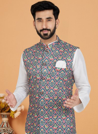 Multi Colour and White Ceremonial Banarasi Silk Kurta Payjama With Jacket