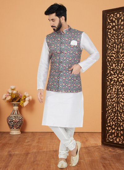 Multi Colour and White Ceremonial Banarasi Silk Kurta Payjama With Jacket