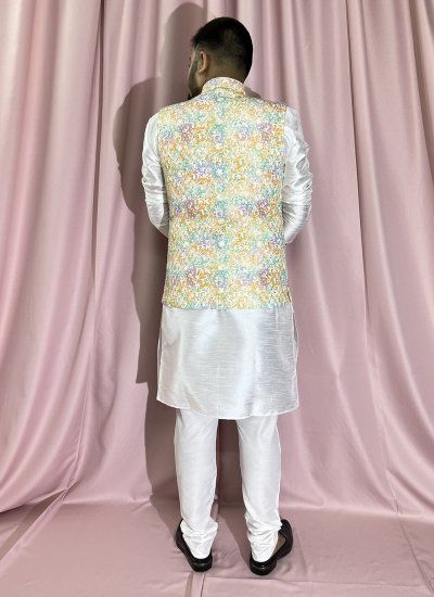 Multi Colour and White Ceremonial Rayon Kurta Payjama With Jacket
