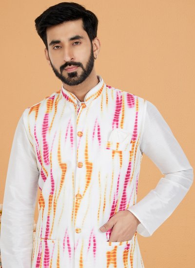 Multi Colour and White Digital Print Dupion Silk Kurta Payjama With Jacket