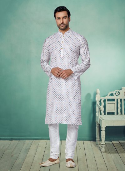 Multi Colour and White Fancy Fabric Ceremonial Kurta Pyjama
