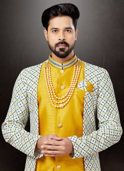 Multi Colour and Yellow Thread Work Dupion Silk Indo Western Sherwani