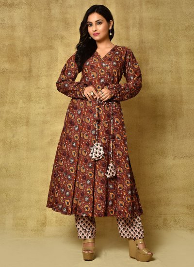 Multi Colour Mehndi Cotton Silk Readymade Anarkali Salwar Suit