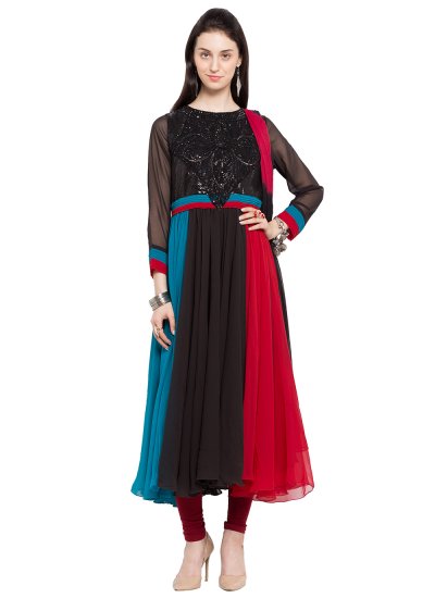 Multi Colour Patchwork Faux Georgette Readymade Anarkali Salwar Suit